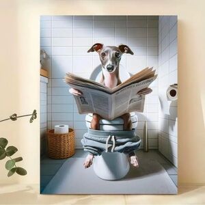 NWT Whippet Greyhound IG Dog On Toilet Reading Print on Canvas 11.8 x 16.5